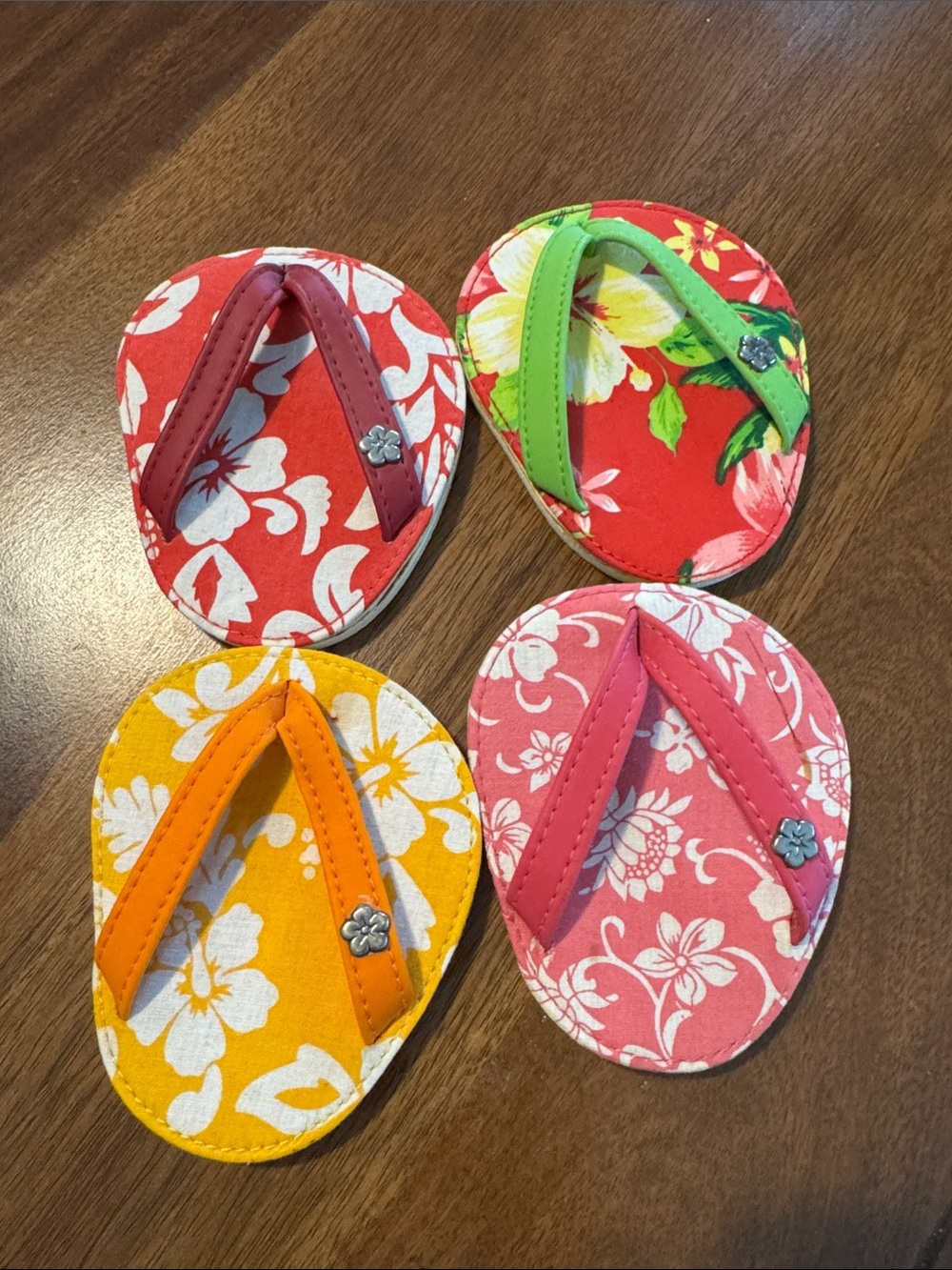 Set of 4 Floral Coasters with Flip-Flop Design - Orange, Pink, Red, Green